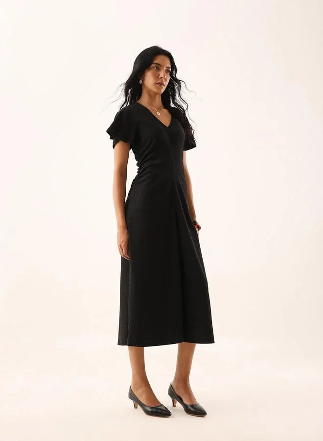 High Star black Black Textured Frill Sleeve Midi Dress for Women | Best Price UAE