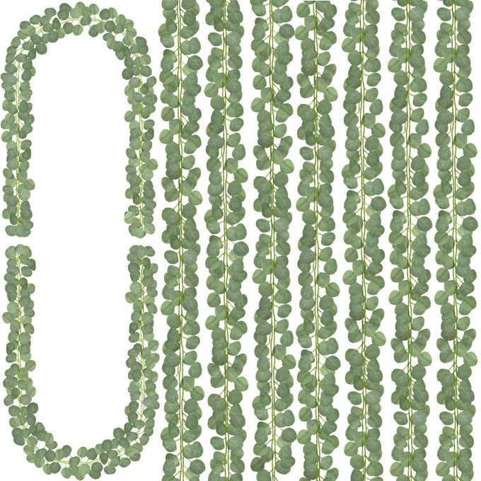 16PCS EUCALYPTUS GARLANDARTIFICIAL EUCALYPTUS LEAVES TABLE GREENERY GARLAND WREATH VINES FOR WEDDING PARTY TABLE FIREPLACE BEDROOM WALL ROOM DECOR
