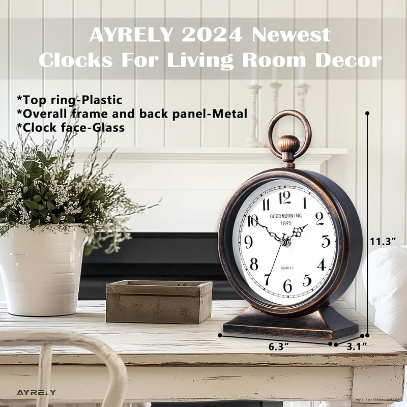 AYRELY ساعة mantel عتيقة بحجم 7 بوصات مع مقبض، ساعات مكتب معدنية تعمل بالبطارية، ساعة طاولة ريترو لغرفة النوم، غرفة المعيشة، رف، ديكور مدفأة المزرعة - Image 4