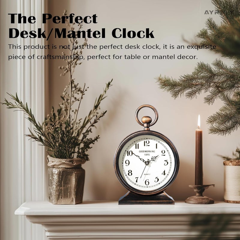 AYRELY ساعة mantel عتيقة بحجم 7 بوصات مع مقبض، ساعات مكتب معدنية تعمل بالبطارية، ساعة طاولة ريترو لغرفة النوم، غرفة المعيشة، رف، ديكور مدفأة المزرعة - Image 3