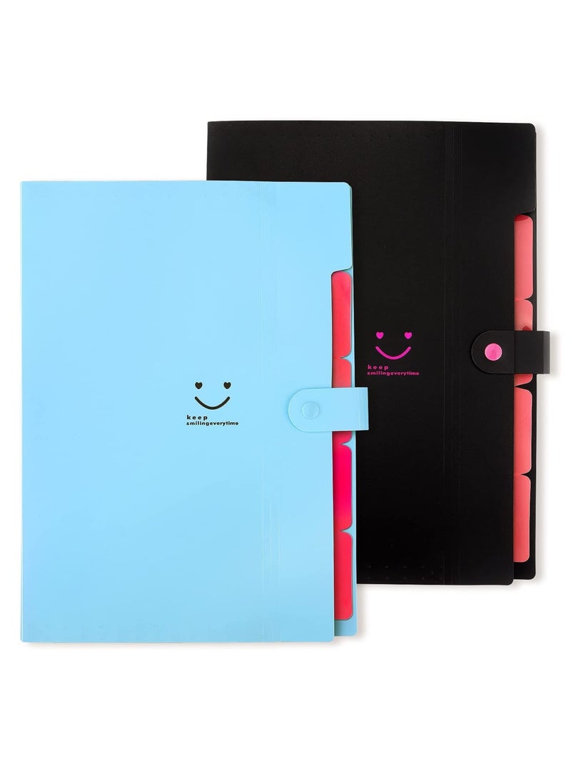 Expanding File Folders, 2 Pack Plastic Letter A4 Paper Paper Organizer Folder with Labels with Snap Closure, Cute Folders with 5 Pockets for School Home Work Office - Image 1