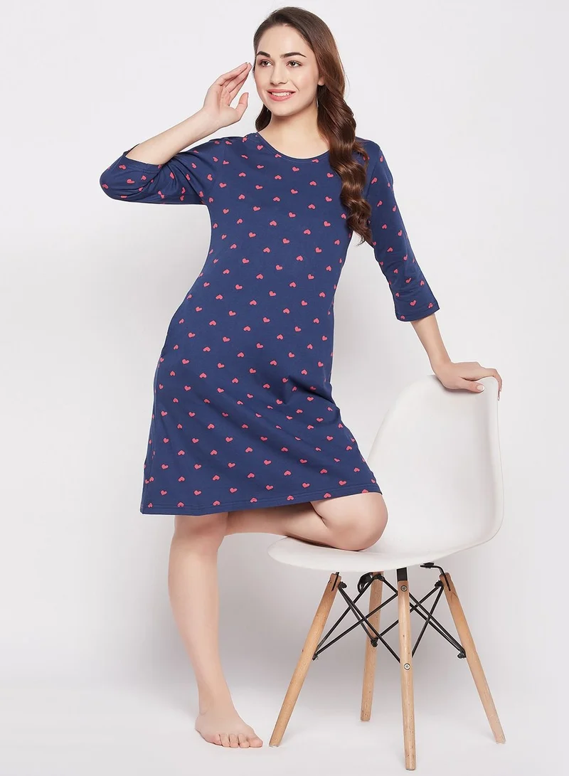 كلوفيا Clovia Heart Print Short Night Dress In Navy - 100% Cotton