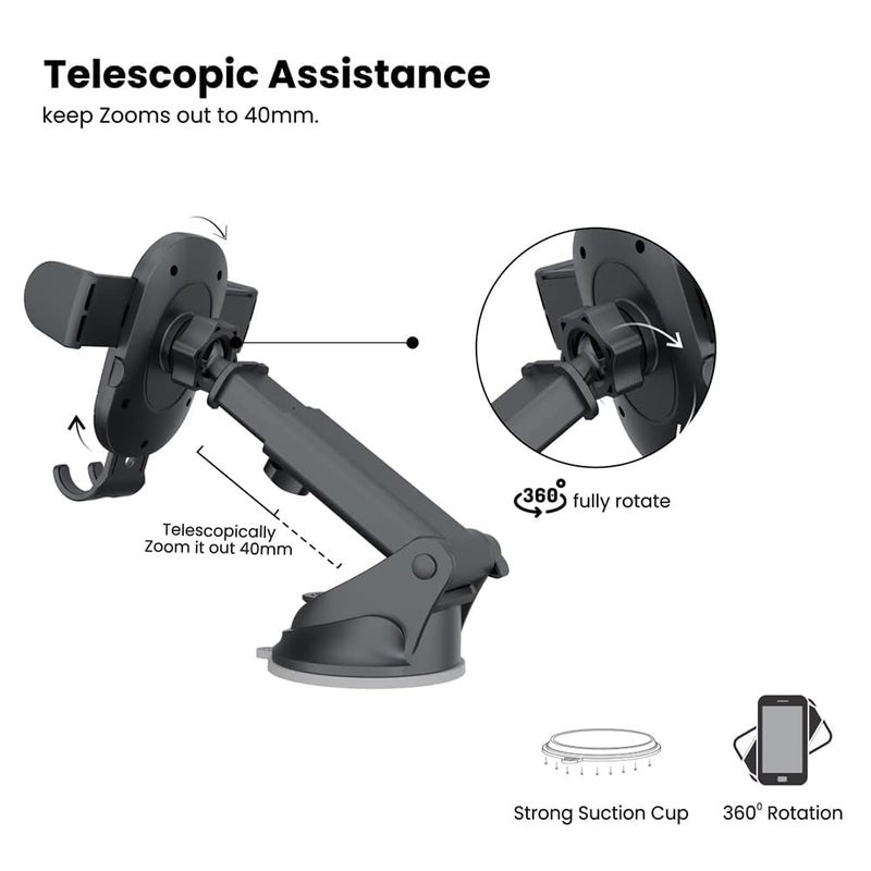 keeshar MountPro K6 Universal Car Dashboard Mobile Holder | Adjustable Windshield Mount with Strong Suction Cup | One-Touch Lock Mechanism | 360° Rotation | Compatible with All Smartphones – Black - Image 5