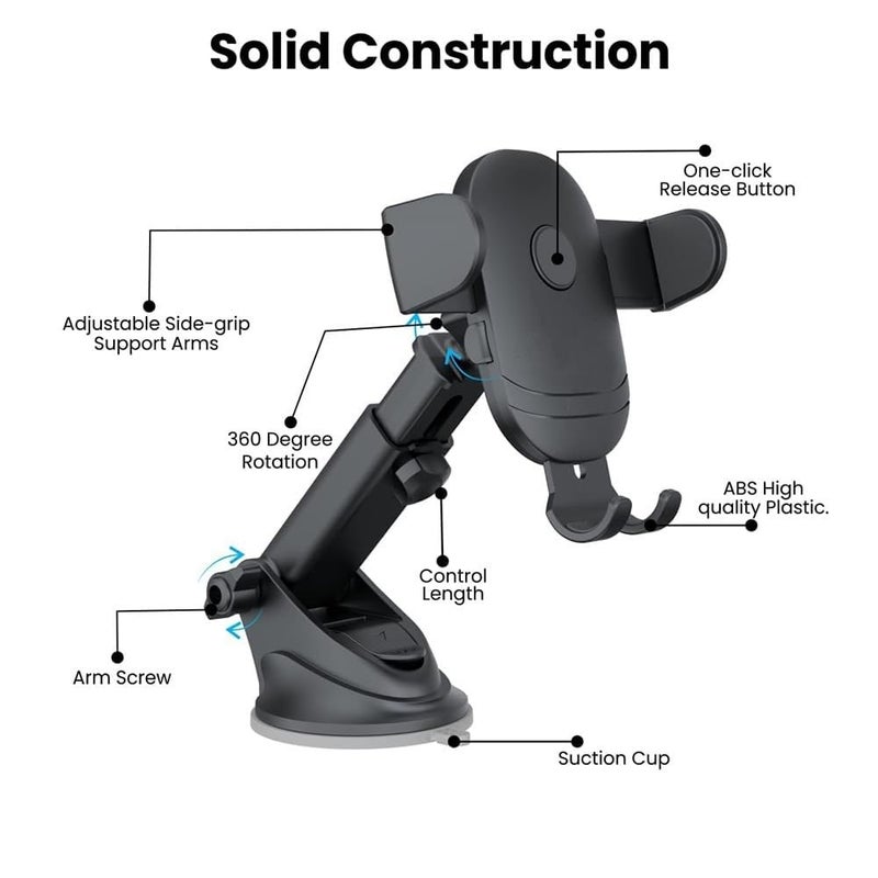 keeshar MountPro K6 Universal Car Dashboard Mobile Holder | Adjustable Windshield Mount with Strong Suction Cup | One-Touch Lock Mechanism | 360° Rotation | Compatible with All Smartphones – Black - Image 3