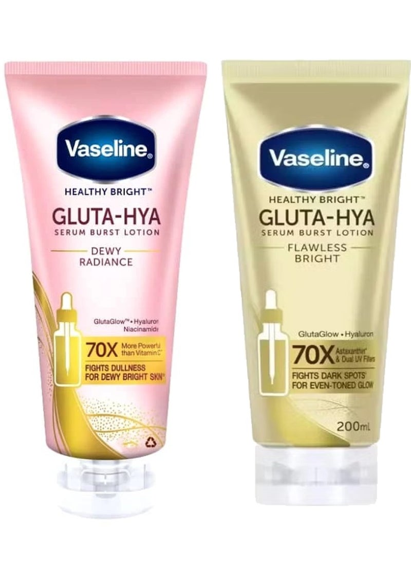 Vaseline Healthy Bright Gluta-Hya Serum Burst Lotion Dewy Radiance 200ml & Healthy Bright Gluta-Hya Serum Burst Lotion Flawless Bright 70X More Powerful than Vitamin C 200ml