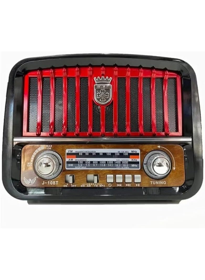 مكبر صوت J-108 كلاسيكي، راديو ثلاثي الموجات FM/AM/SW، منفذ USB، فتحة بطاقة TF، بلوتوث، مصباح يدوي - Image 1