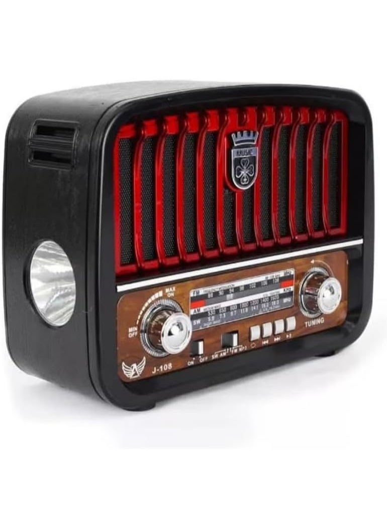 مكبر صوت J-108 كلاسيكي، راديو ثلاثي الموجات FM/AM/SW، منفذ USB، فتحة بطاقة TF، بلوتوث، مصباح يدوي - Image 2