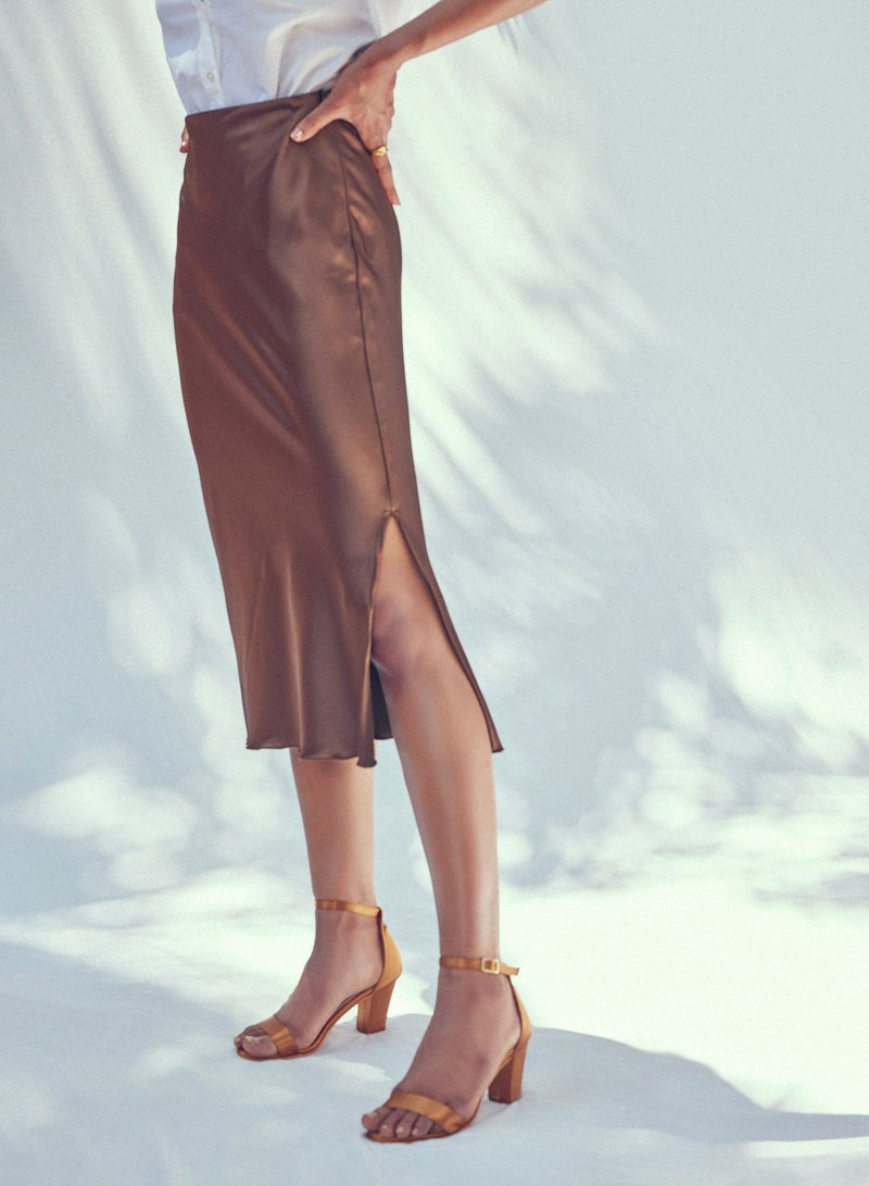 The Label Life High-Waisted Satin Midi Skirt with Slit - Image 2