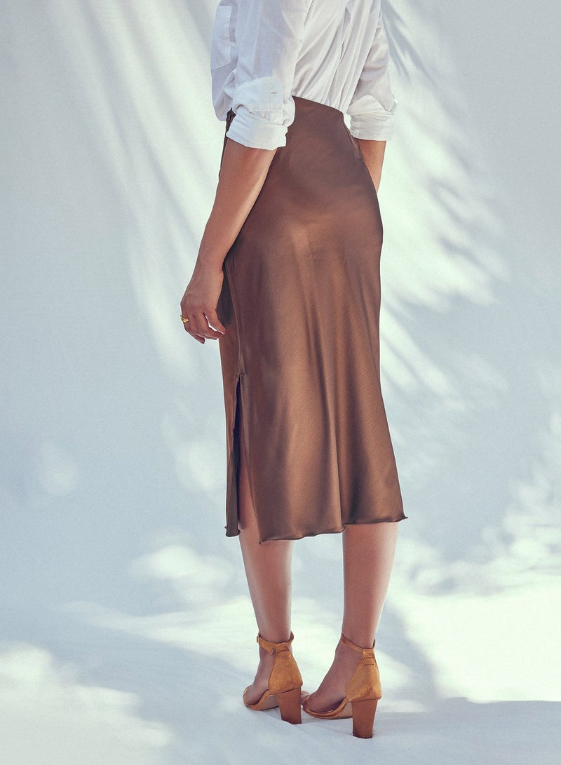 The Label Life High-Waisted Satin Midi Skirt with Slit - Image 3