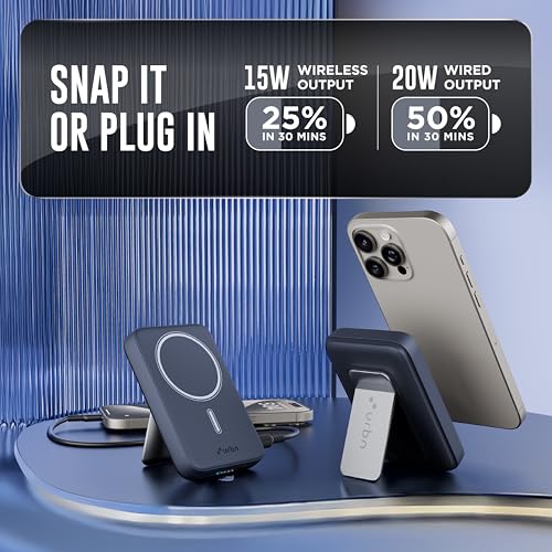 URBN 10000mAh Frost MagSafe Power Bank with Built-in Stand | 15W Magnetic Wireless Charging | 20W USB-C PD Fast Charging | Ultra Compact | Pass-Through Charging | MagTag Ring | (Blue) - Image 4