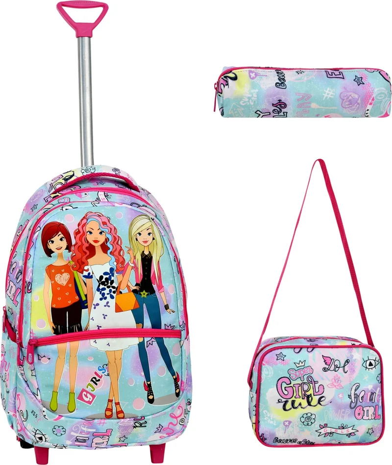 Çantaland 3-Piece School Set with Trolley, Girl Patterned Primary School Bag + Lunch Box + Pencil Case