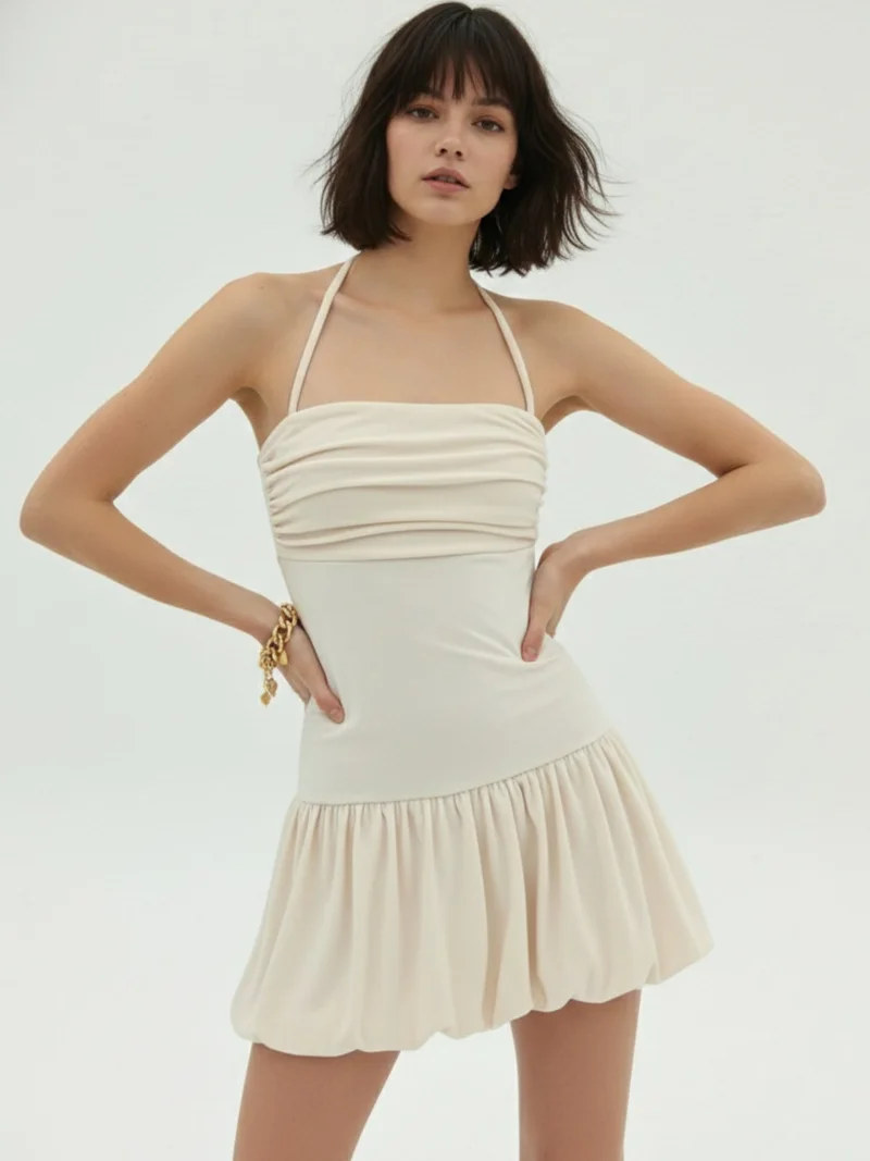 Outzidr  Cream Shoulder Strap Fitted Bubblehem Dress for Women | Best Price UAE