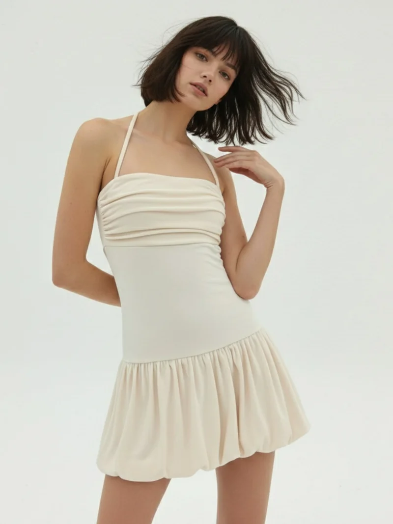 أوجيدر Cream Shoulder Strap Fitted Bubblehem Dress