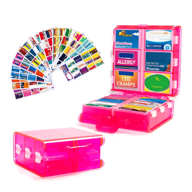 YIXIAN Large Pill Organizer with Medicine Labels, Pill Dispenser 12-Compartment Travel Medication Storage Case, 7-Day Pill Box for Vitamins & Supplements (Pink, 161 Labels) - Image 1