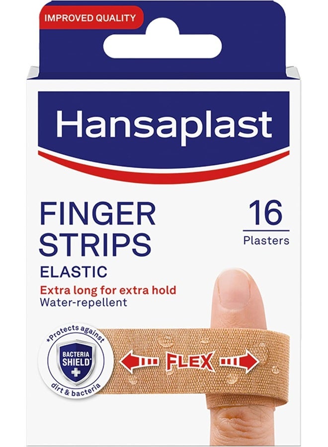 Hansaplast Elastic Finger Strips, Extra Long for Extra Hold, Flexible and Water-Repellent Non-Stick Elastic Plasters with Strong Adhesion, Breathable and Usable on Everyday Wounds, 16 Strips - Image 1