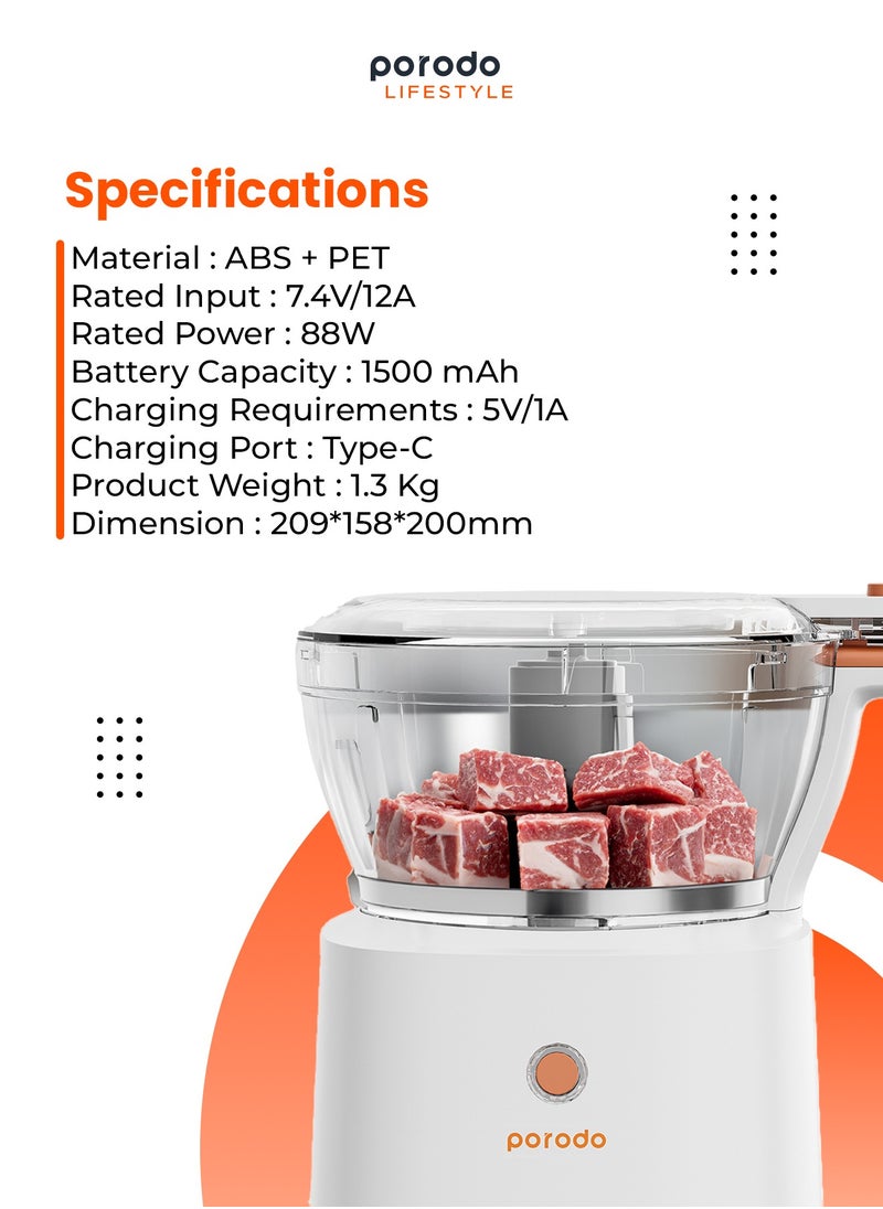porodo - 4in1 Mini Food Processor 88W / Quicker Meal Prep / Portable Electric Meat Chopper - White - Image 1