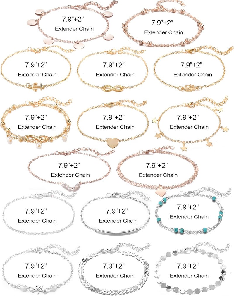Softones 16Pcs Ankle Bracelets for Women Gold Silver Two Style Chain Beach Anklet Bracelet Jewelry Anklet Set,Adjustable Size - Image 5