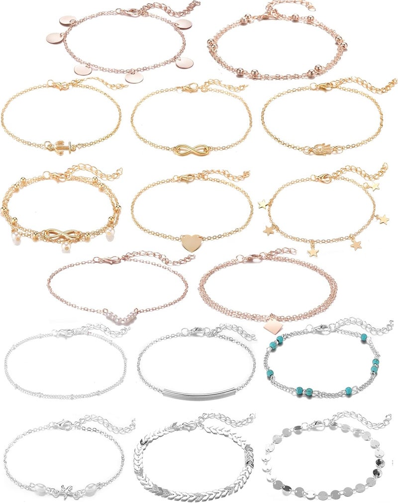 Softones 16Pcs Ankle Bracelets for Women Gold Silver Two Style Chain Beach Anklet Bracelet Jewelry Anklet Set,Adjustable Size - Image 1