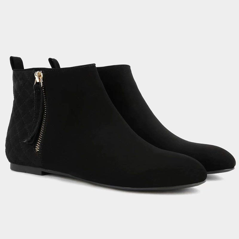 MaxMuxun Women's Ankle Boots Flat Low Heel Booties Ladies Quilted Fall Winter Fashion Boots with Side Zipper Black Faux Suede Size 7.5 - Image 5