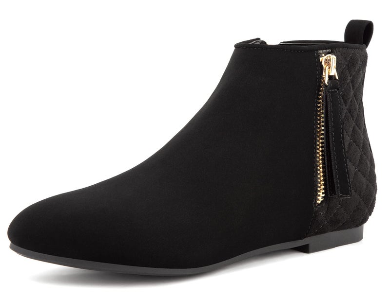 MaxMuxun Women's Ankle Boots Flat Low Heel Booties Ladies Quilted Fall Winter Fashion Boots with Side Zipper Black Faux Suede Size 7.5 - Image 1