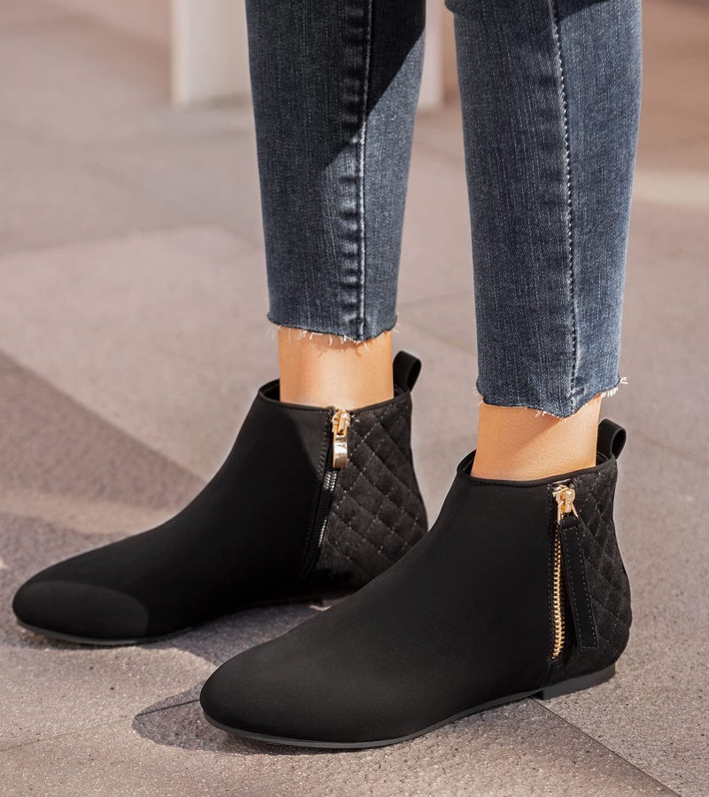 MaxMuxun Women's Ankle Boots Flat Low Heel Booties Ladies Quilted Fall Winter Fashion Boots with Side Zipper Black Faux Suede Size 7.5 - Image 4