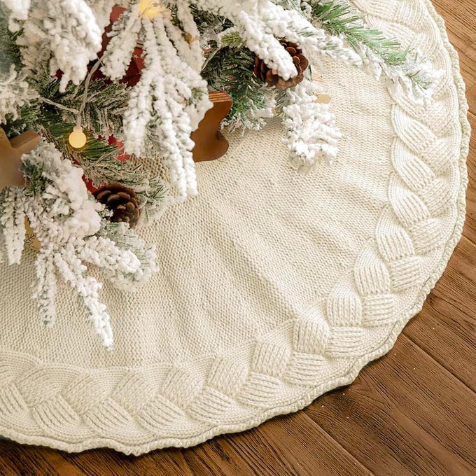 36 INCH CHRISTMAS TREE SKIRT PENCIL TREE SKIRT FOR 6FT TREE 5CIRCLE EDGE CABLE KNIT CREAM WHITE SMALL TREE SKIRT VINTAGE TREE SKIRTS RUSTIC FARMHOUSE CHRISTMAS DECORATIONS