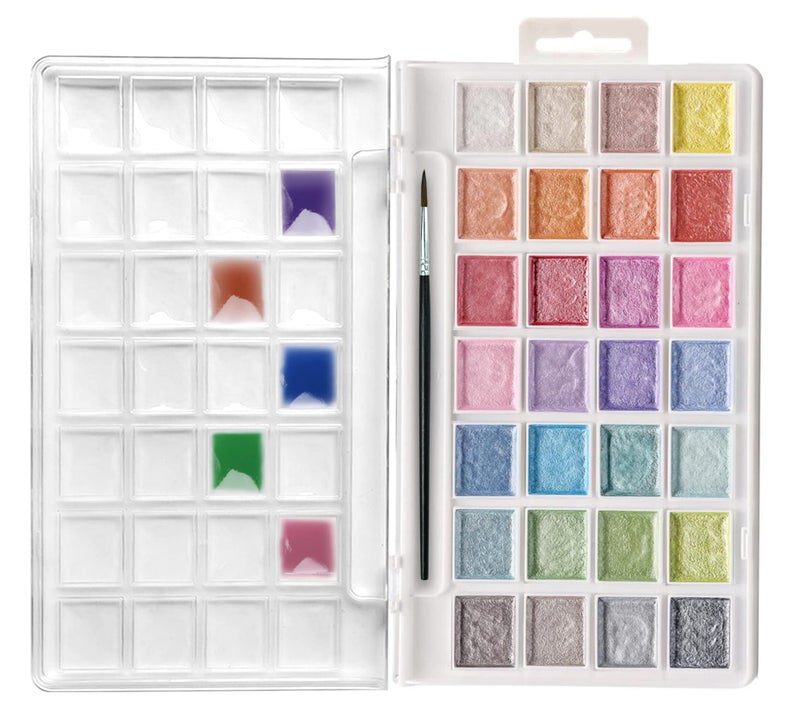 Artecho 28 Metallic Watercolor Paint Set Glitter Colors SemiMoist Pearlescent Water color Ideal for Beginners and Artists