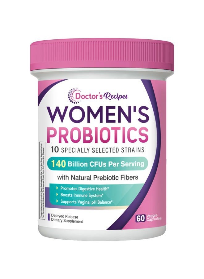Doctor's Recipes Probiotics for Women, Organic Prebiotics and Probiotics for Digestive Health, Vaginal Health, 140 Billion CFU, 10 Strains, Shelf Stable, 60 Capsules - Image 1
