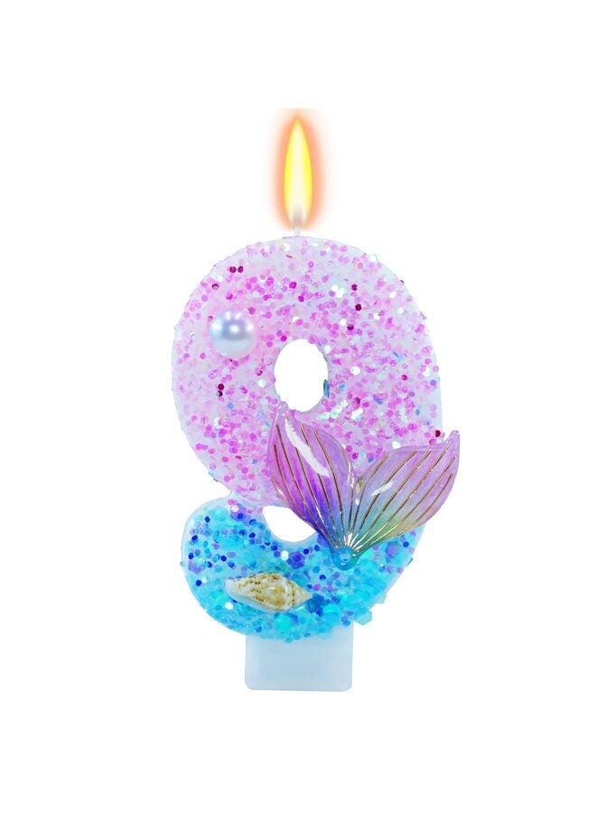 Mermaid Theme Birthday Candles, Number Girls Glitter Birthday Party Supplies, Anniversary Party Decorations (Mermaid Theme, Number 9) - Image 1