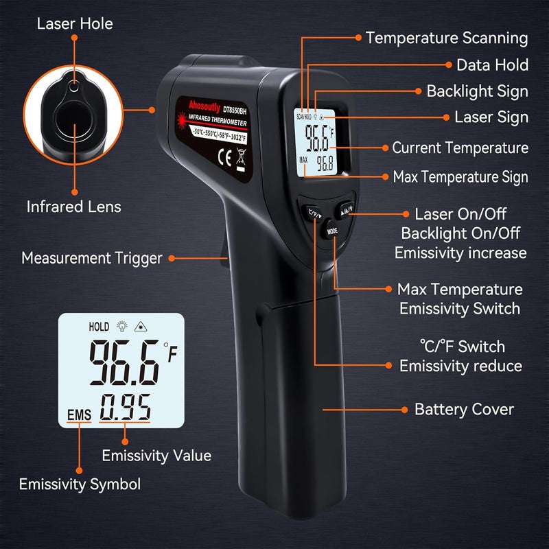 AHOSOUTLY مسدس قياس درجة الحرارة بالأشعة تحت الحمراء (غير مخصص للبشر) -58℉~1022℉ (-50℃～550℃) مقياس حرارة ليزر غير تلامسي بقراءة فورية مع إضاءة خلفية (أسود) - Image 4