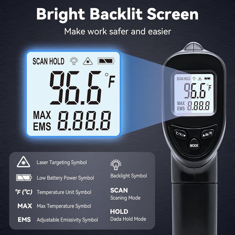 AHOSOUTLY مسدس قياس درجة الحرارة بالأشعة تحت الحمراء (غير مخصص للبشر) -58℉~1022℉ (-50℃～550℃) مقياس حرارة ليزر غير تلامسي بقراءة فورية مع إضاءة خلفية (أسود) - Image 5