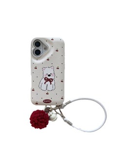 Compatible with iPhone 16 Case, Heart Shaped Camera Lens Frame Design, Cute Puppy Cartoon Pattern Shockproof Case Cover with Lovely Strap Bracelet Chain, Anti-Fall Drop Protection Case for iPhone 16 6.1 inches
