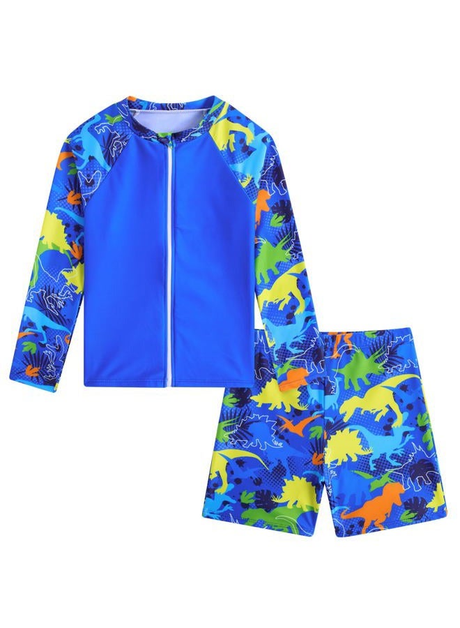 SunFocus Boys Two Piece Rash Guard Swimsuits Set with Swim Trunk Kids Long Sleeve Swimwear Zipper Bathing Suit Swimming Set Blue Dinosaur Size 8-9 Years - Image 1