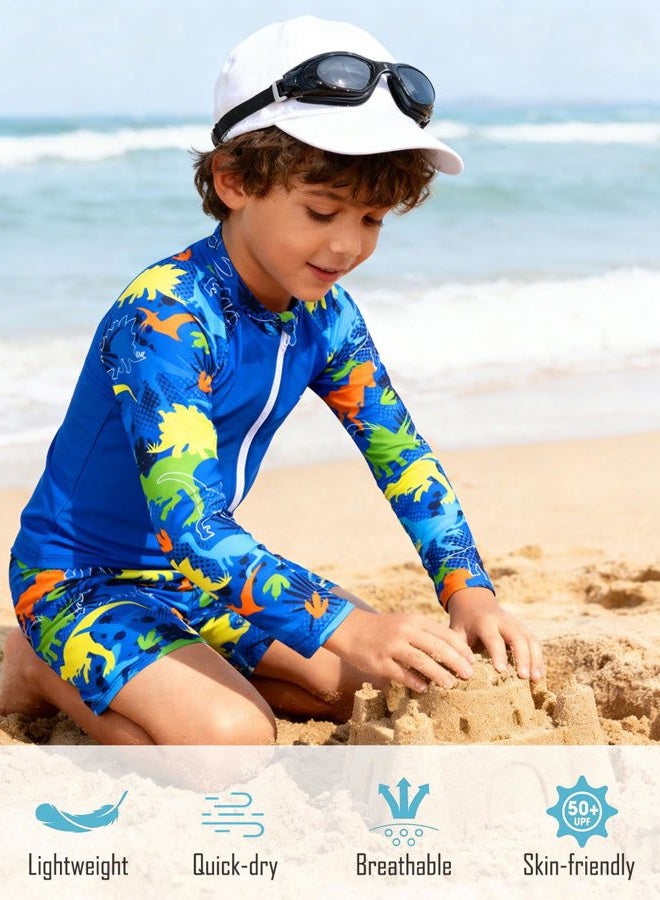 SunFocus Boys Two Piece Rash Guard Swimsuits Set with Swim Trunk Kids Long Sleeve Swimwear Zipper Bathing Suit Swimming Set Blue Dinosaur Size 8-9 Years - Image 3