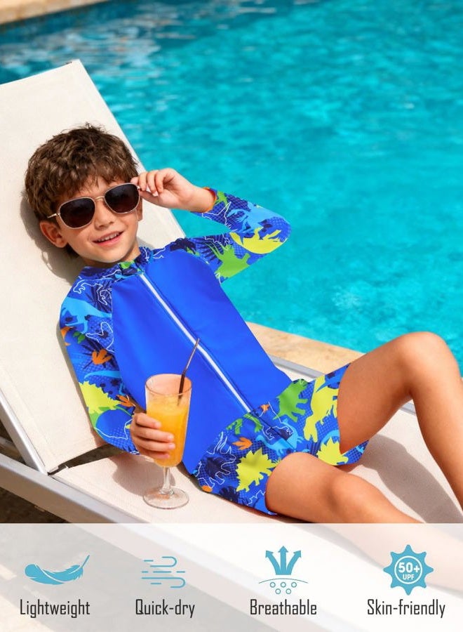 SunFocus Boys Two Piece Rash Guard Swimsuits Set with Swim Trunk Kids Long Sleeve Swimwear Zipper Bathing Suit Swimming Set Blue Dinosaur Size 8-9 Years - Image 4