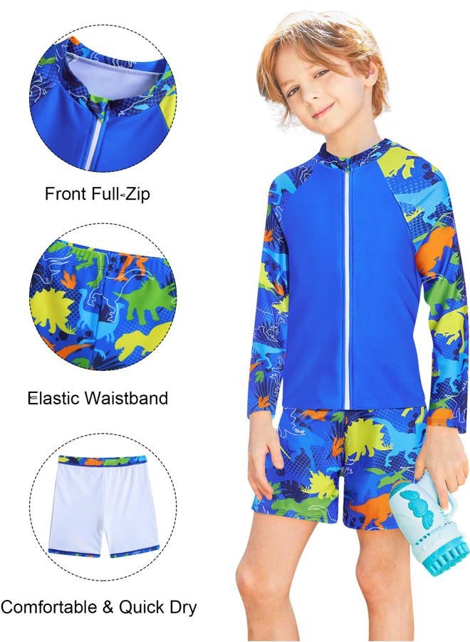 SunFocus Boys Two Piece Rash Guard Swimsuits Set with Swim Trunk Kids Long Sleeve Swimwear Zipper Bathing Suit Swimming Set Blue Dinosaur Size 8-9 Years - Image 5
