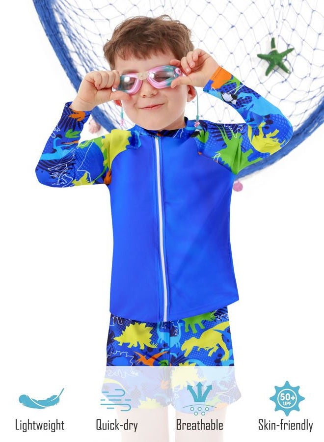 SunFocus Boys Two Piece Rash Guard Swimsuits Set with Swim Trunk Kids Long Sleeve Swimwear Zipper Bathing Suit Swimming Set Blue Dinosaur Size 8-9 Years - Image 2