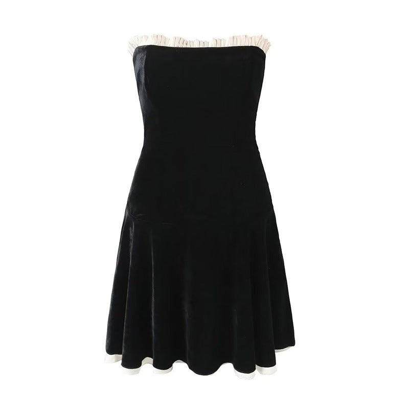 Early winter New European and American style fashionable retro off-neck tube top slim slimming black tube top lace-up dress Black