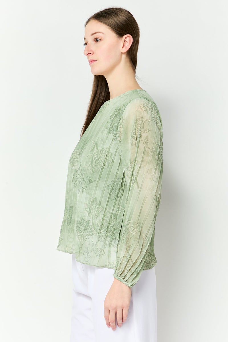 bebe Women Round Neck Floral Print  Long Sleeve Blouse, Green - Image 3