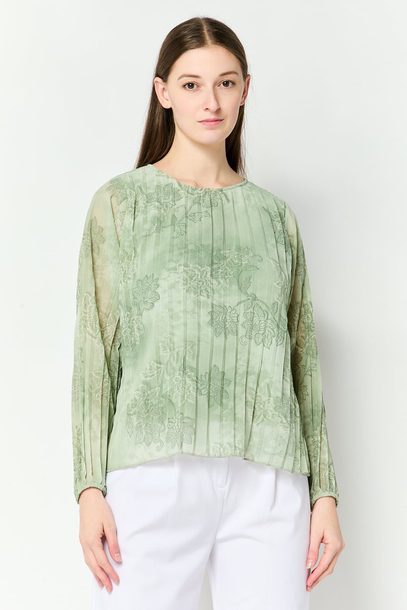 bebe Women Round Neck Floral Print  Long Sleeve Blouse, Green - Image 1