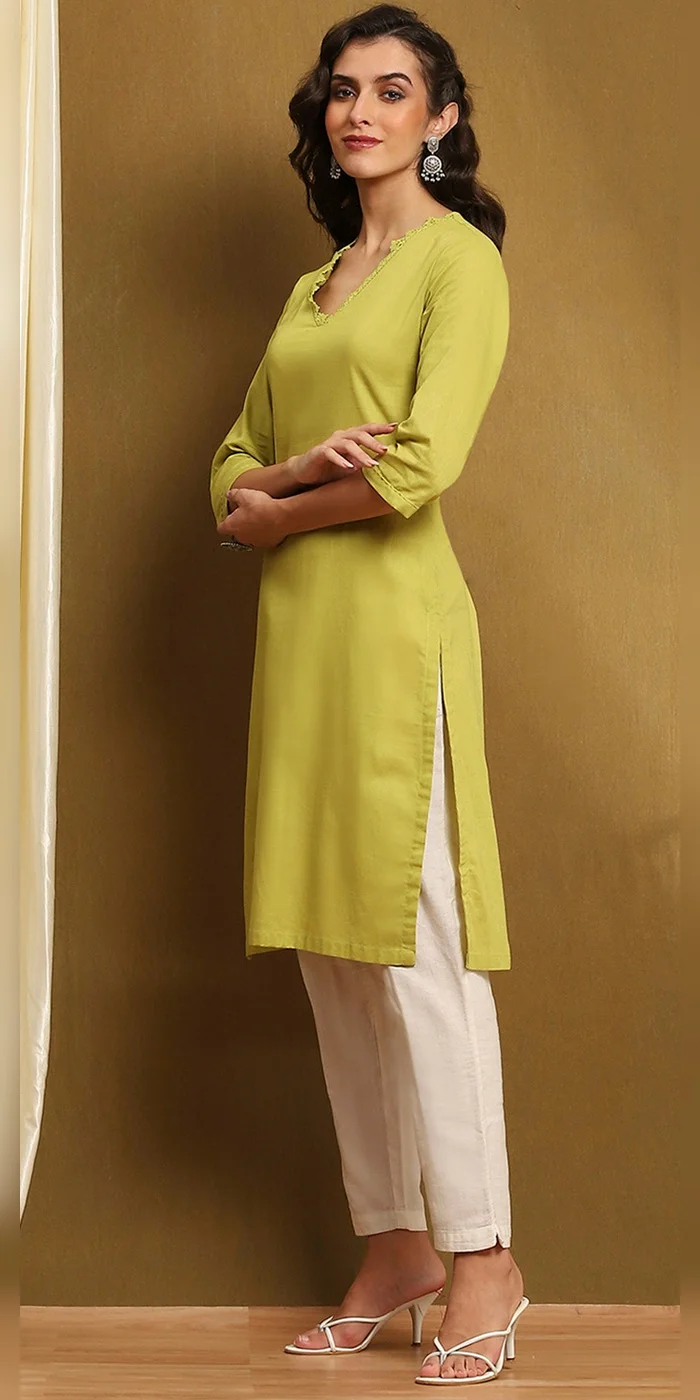 Biba  Women Green Cotton Blend Solid Straight Kurta for Women | Best Price UAE