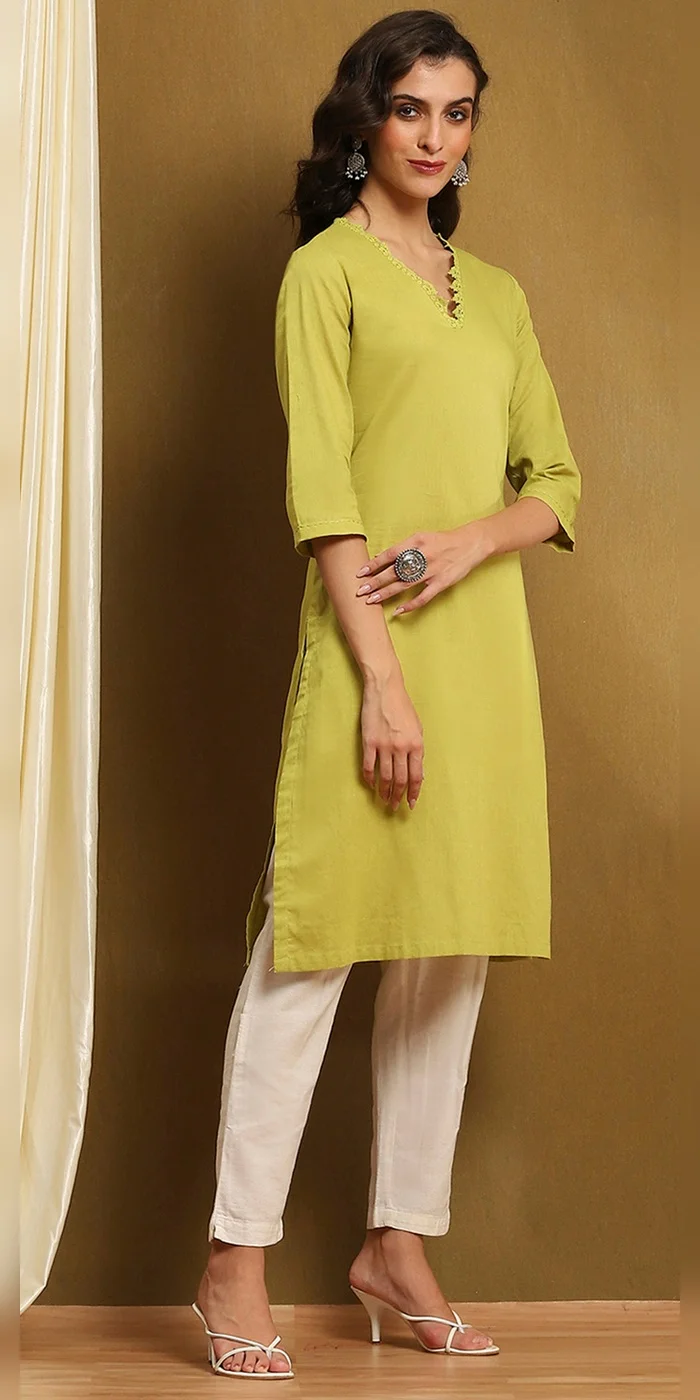Biba  Women Green Cotton Blend Solid Straight Kurta for Women | Best Price UAE