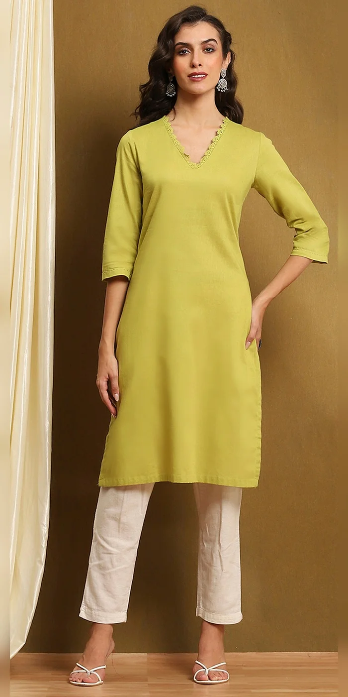 Biba  Women Green Cotton Blend Solid Straight Kurta for Women | Best Price UAE