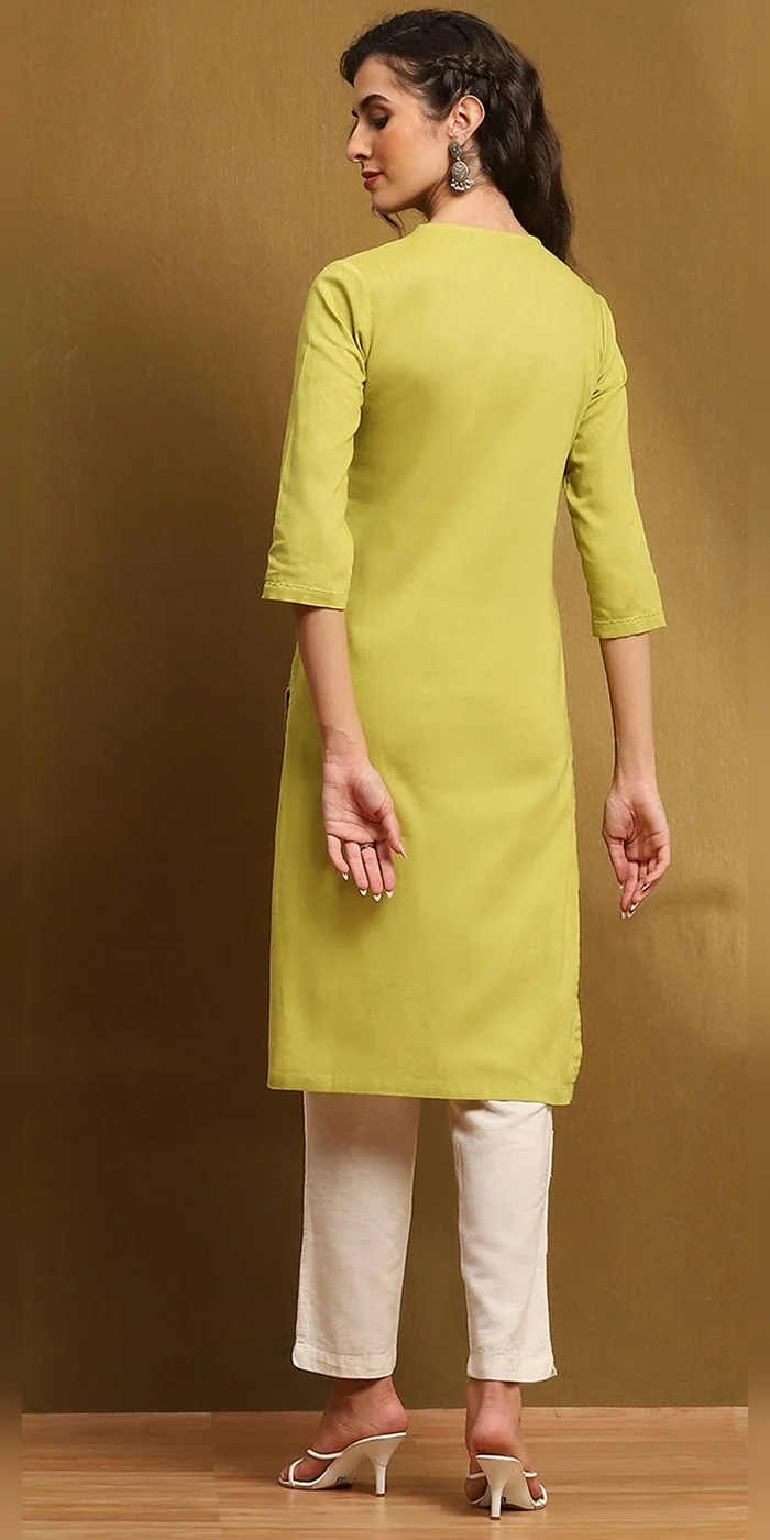 Biba  Women Green Cotton Blend Solid Straight Kurta for Women | Best Price UAE