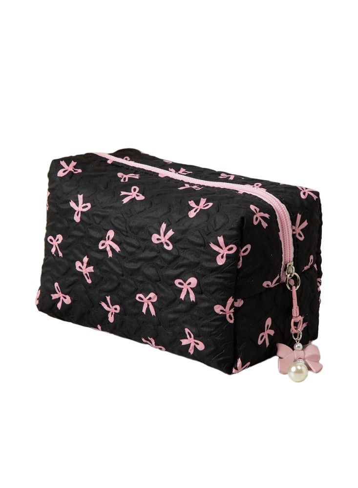 Charming Black Pink Bowknot Cosmetic Bag, Portable Makeup Organizer with Pearl Decorations for Women, mid, 17*9*11cm - Image 1