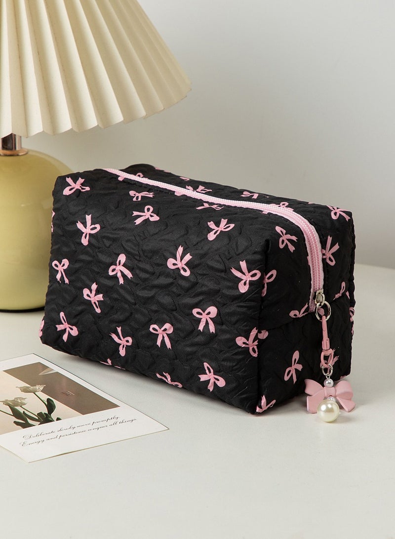 Charming Black Pink Bowknot Cosmetic Bag, Portable Makeup Organizer with Pearl Decorations for Women, mid, 17*9*11cm - Image 2