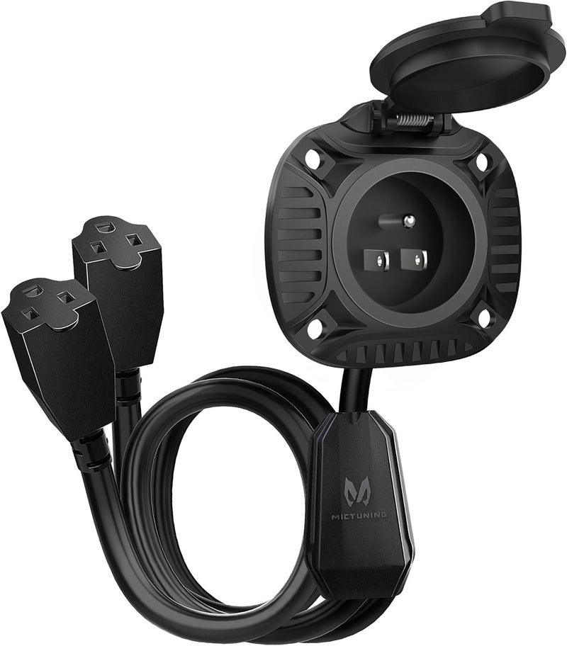MICTUNING 15Amp 250V AC Port Plug with Heavy Duty Integrated Dual 20" Extension Cord Y Splitter Cable and Water-Resistant Spring-loaded Cover - Black - Image 1