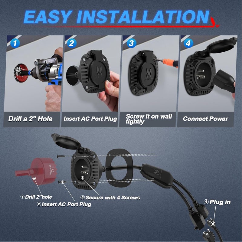 MICTUNING 15Amp 250V AC Port Plug with Heavy Duty Integrated Dual 20" Extension Cord Y Splitter Cable and Water-Resistant Spring-loaded Cover - Black - Image 5