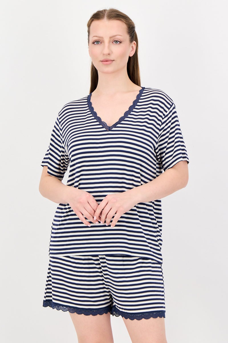 FOREVER 21 Women 2 Pieces Stripe Top And Shorts Pyjama Set, Multicolor - Image 1