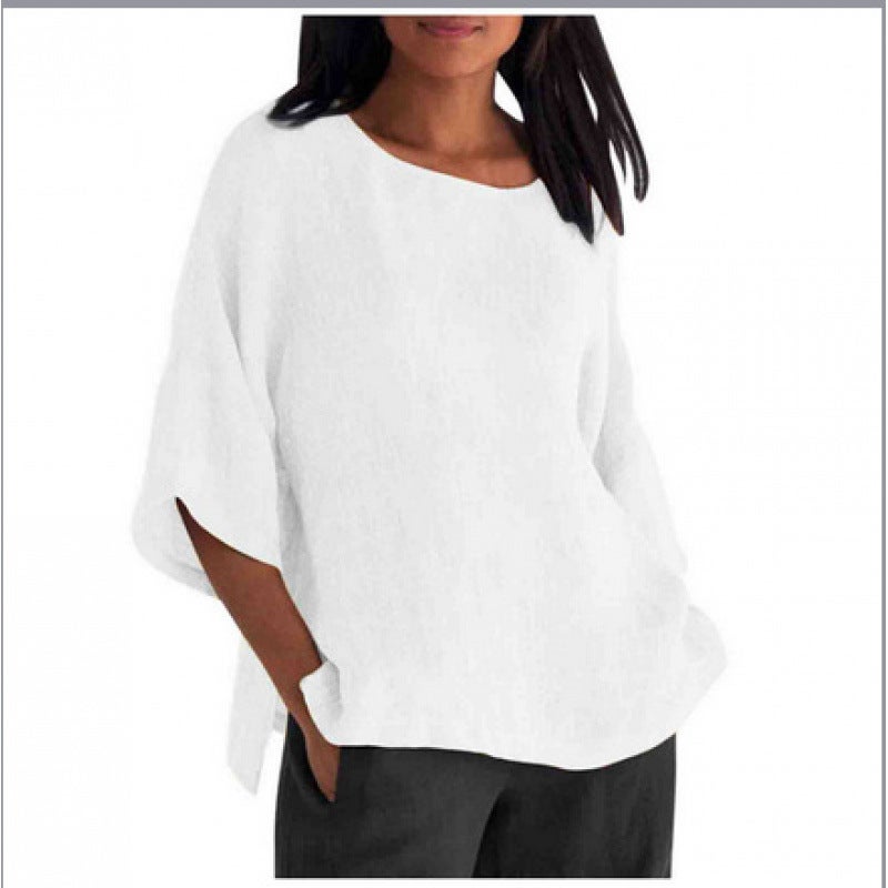 Women's 3/4 Sleeve Round Neck Linen Cotton Blouse - Image 4